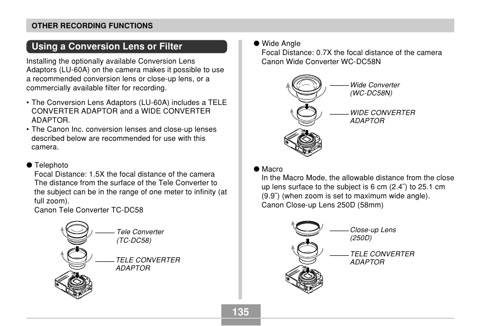 Using a conversion lens or filter | Casio EX-P600 User Manual | Page 135 / 247