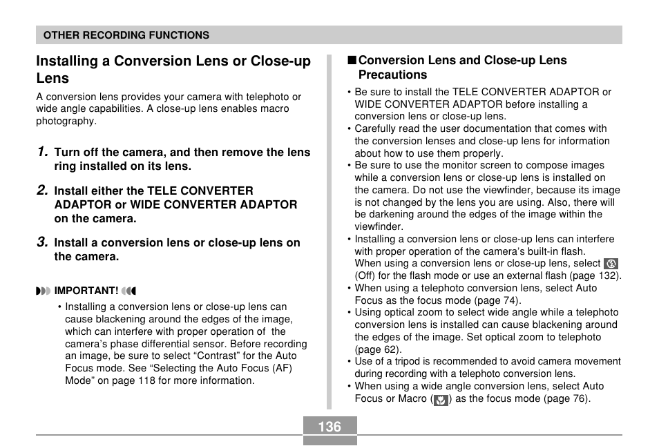 Installing a conversion lens or close-up lens | Casio EX-P600 User Manual | Page 136 / 247