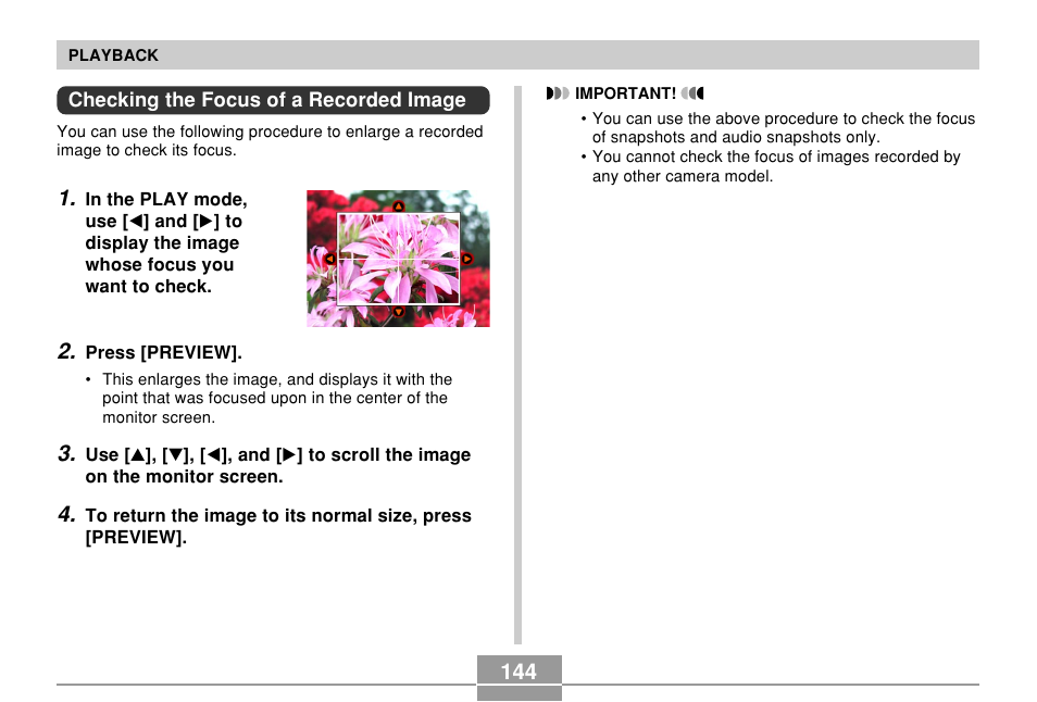 Checking the focus of a recorded image | Casio EX-P600 User Manual | Page 144 / 247