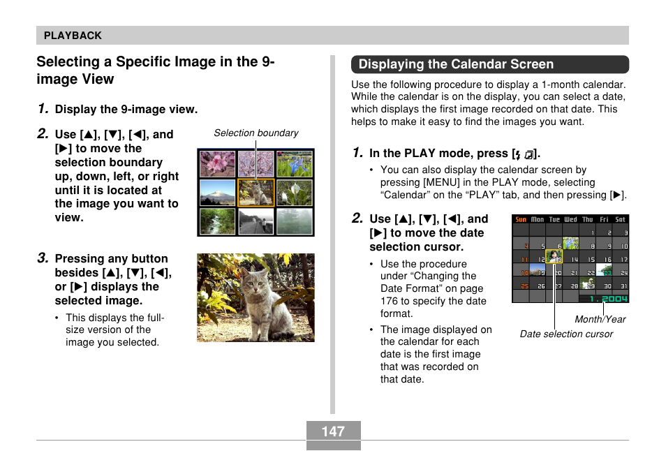 Selecting a specific image in the 9-image view, Displaying the calendar screen, Selecting a specific image in the 9- image view 1 | Casio EX-P600 User Manual | Page 147 / 247