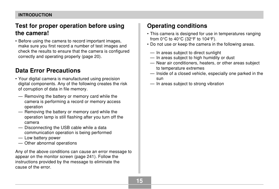 Test for proper operation before using the camera, Data error precautions, Operating conditions | 15 operating conditions | Casio EX-P600 User Manual | Page 15 / 247