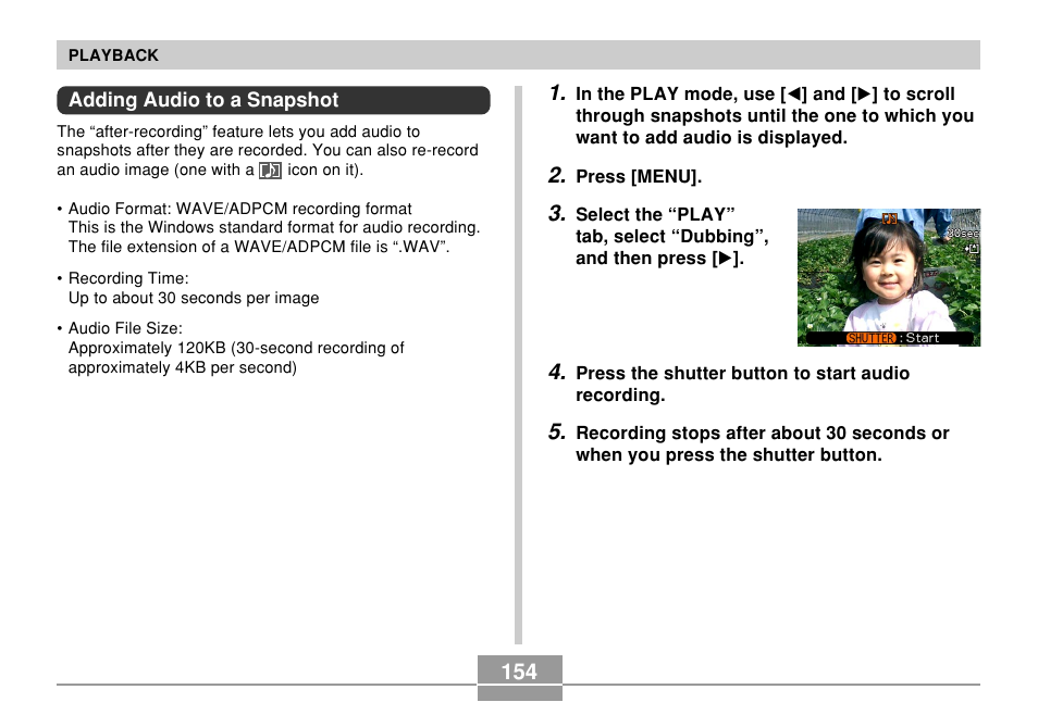 Adding audio to a snapshot | Casio EX-P600 User Manual | Page 154 / 247