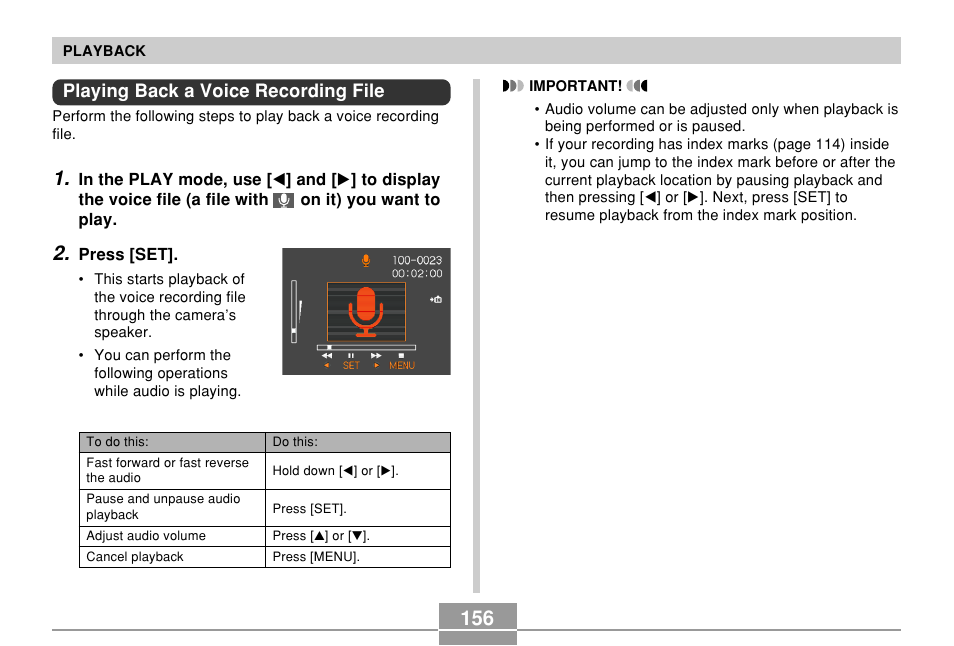 Playing back a voice recording file | Casio EX-P600 User Manual | Page 156 / 247