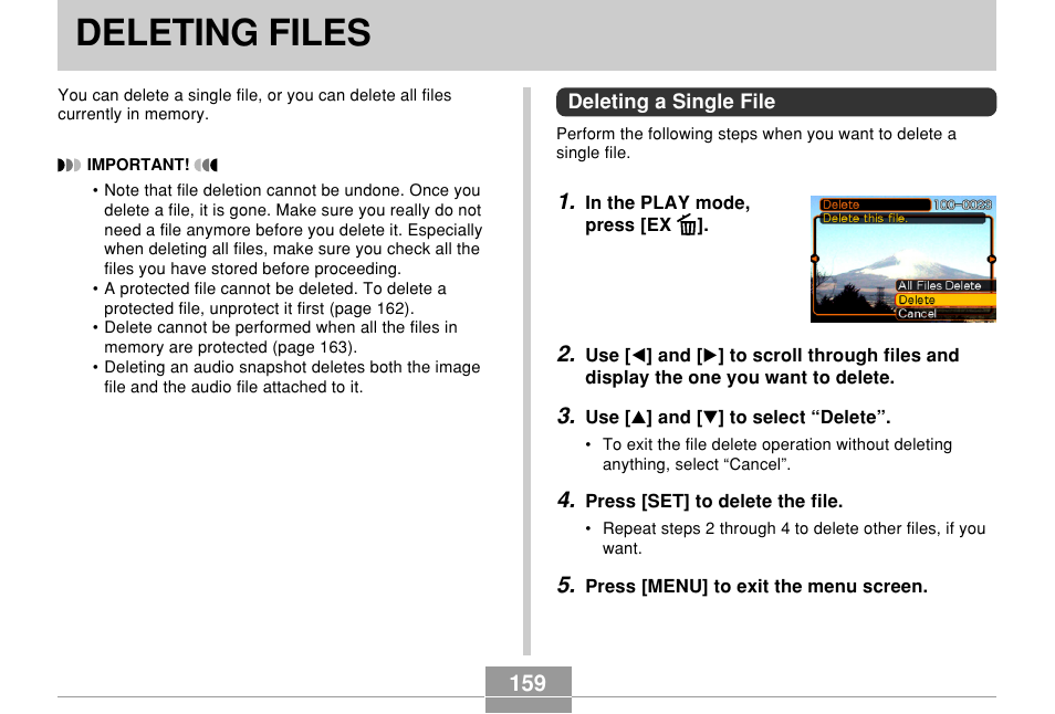 Deleting files, Deleting a single file | Casio EX-P600 User Manual | Page 159 / 247