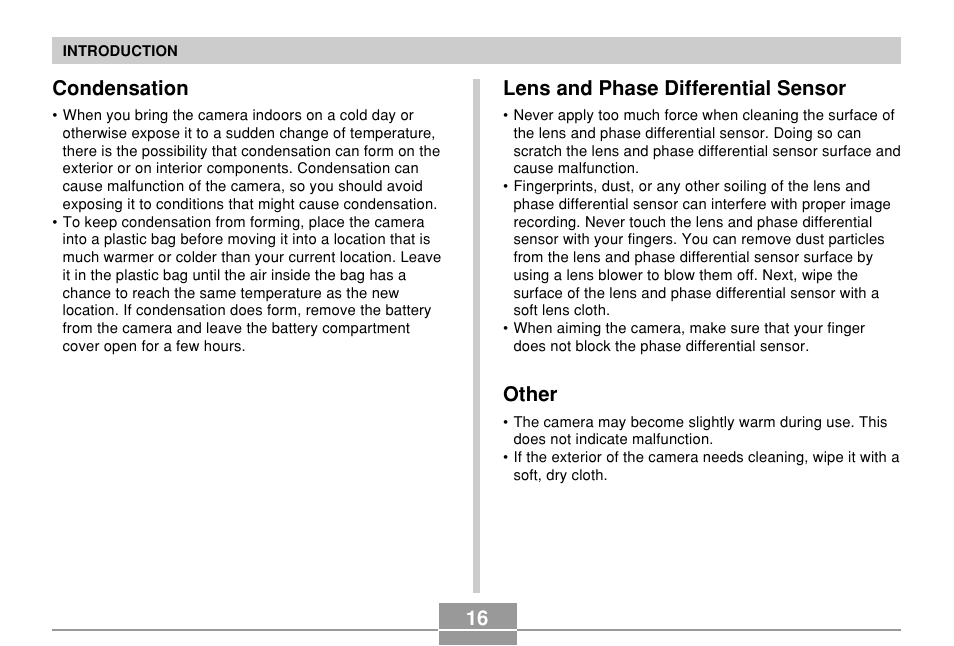 Condensation, Lens and phase differential sensor, Other | 16 lens and phase differential sensor | Casio EX-P600 User Manual | Page 16 / 247