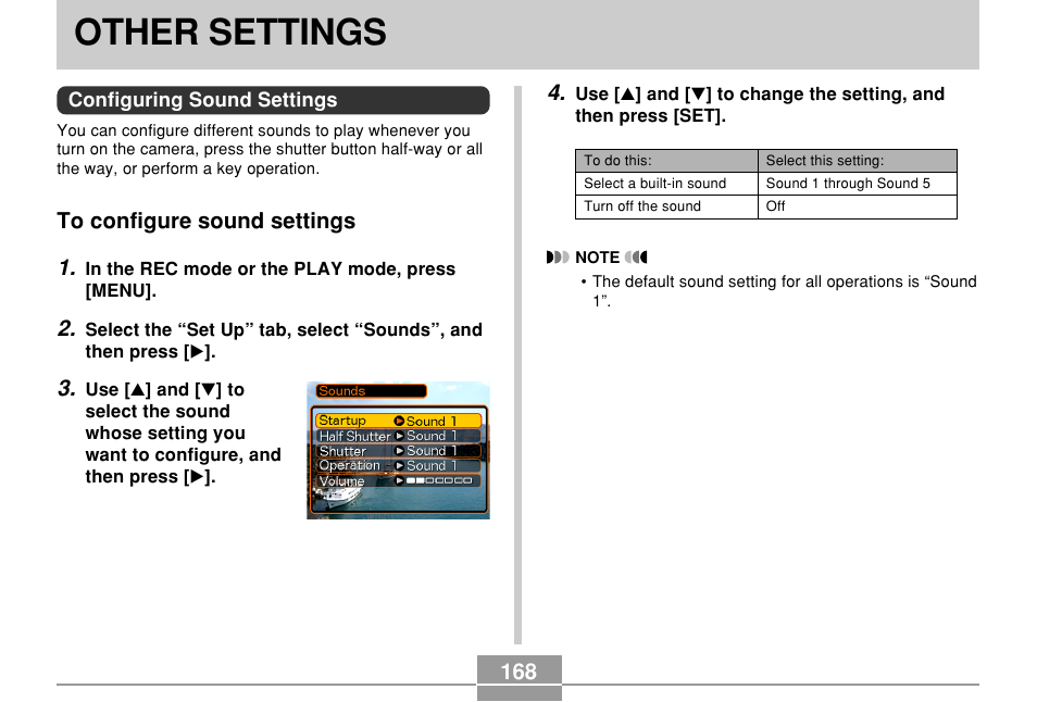 Other settings, Configuring sound settings, To configure sound settings | Casio EX-P600 User Manual | Page 168 / 247