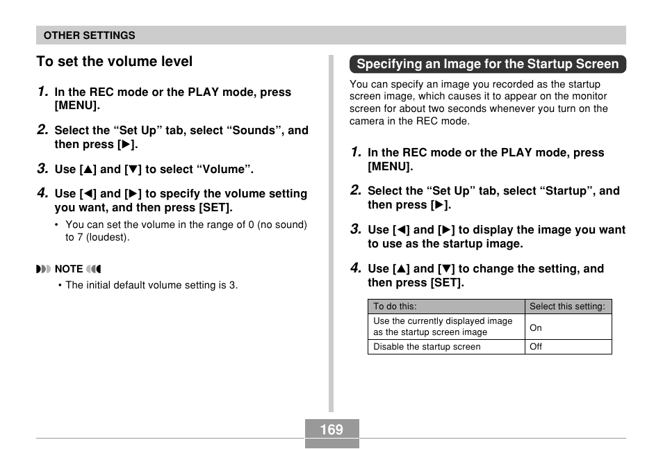 To set the volume level, Specifying an image for the startup screen, 169 to set the volume level 1 | Casio EX-P600 User Manual | Page 169 / 247
