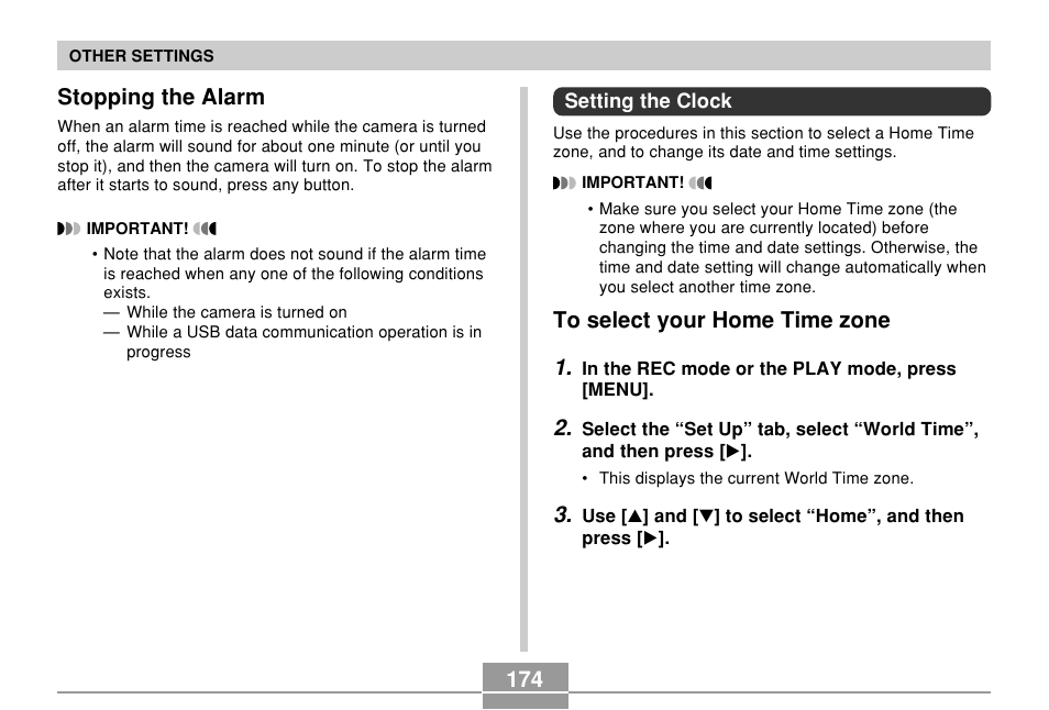 Stopping the alarm, Setting the clock, To select your home time zone | 174 stopping the alarm | Casio EX-P600 User Manual | Page 174 / 247