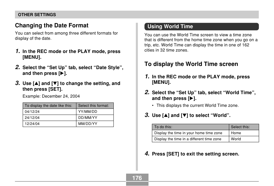 Changing the date format, Using world time, To display the world time screen | 176 changing the date format | Casio EX-P600 User Manual | Page 176 / 247