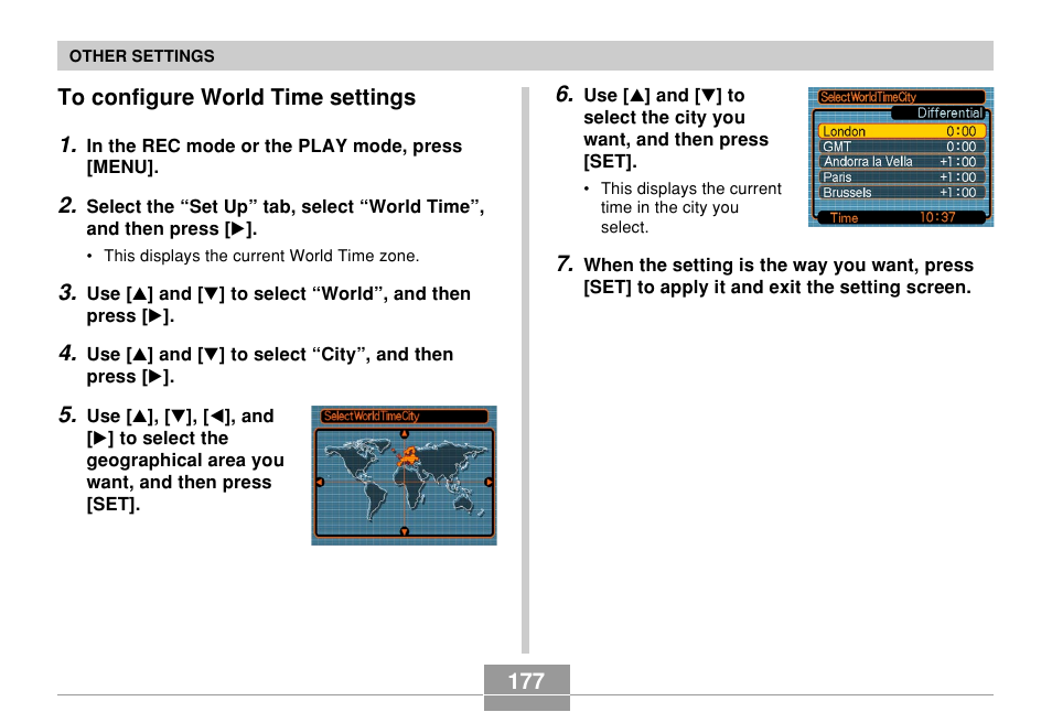 To configure world time settings, 177 to configure world time settings 1 | Casio EX-P600 User Manual | Page 177 / 247