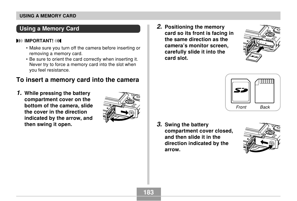 Using a memory card, To insert a memory card into the camera | Casio EX-P600 User Manual | Page 183 / 247