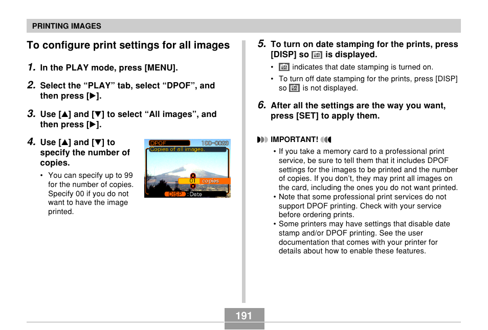 To configure print settings for all images, 191 to configure print settings for all images 1 | Casio EX-P600 User Manual | Page 191 / 247