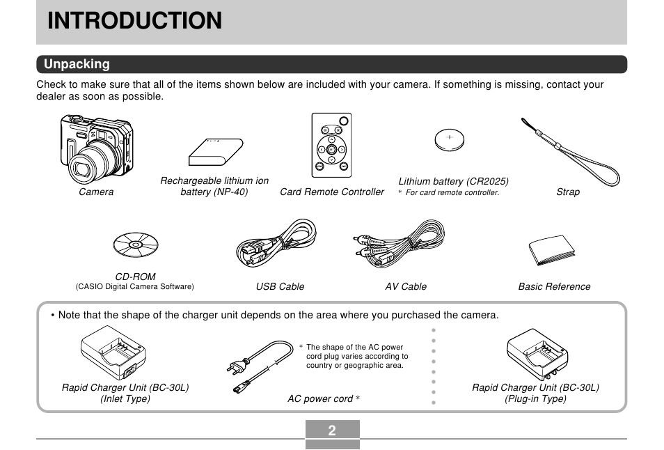 Introduction, Unpacking | Casio EX-P600 User Manual | Page 2 / 247