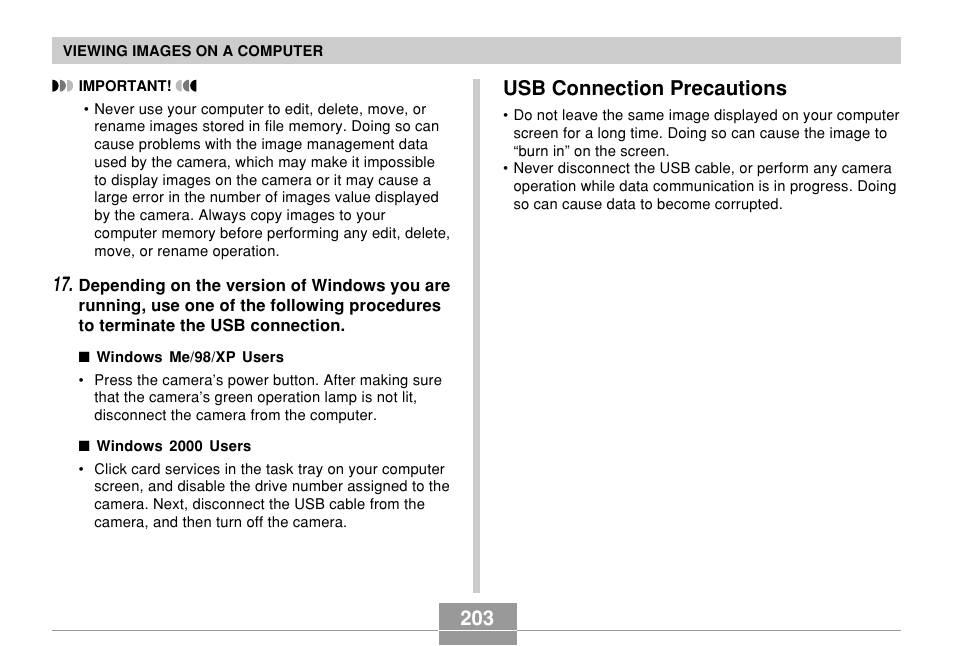 Usb connection precautions | Casio EX-P600 User Manual | Page 203 / 247