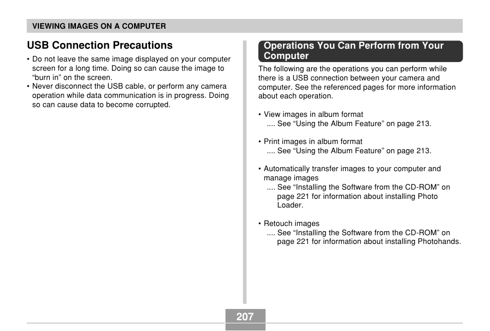 Usb connection precautions, Operations you can perform from your computer, 207 usb connection precautions | Casio EX-P600 User Manual | Page 207 / 247