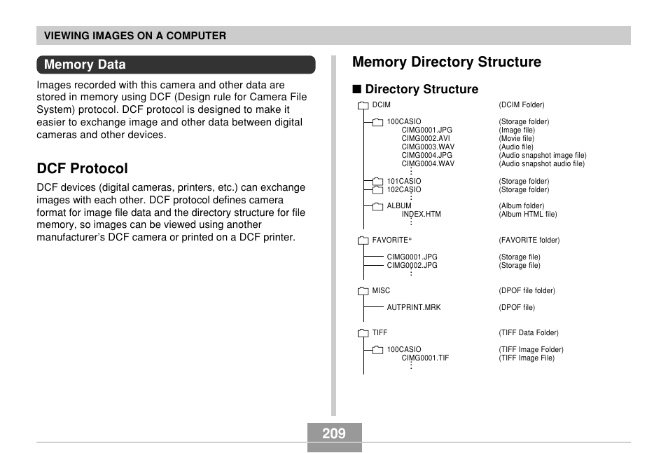 Memory data, Dcf protocol, Memory directory structure | Directory structure, Viewing images on a computer | Casio EX-P600 User Manual | Page 209 / 247