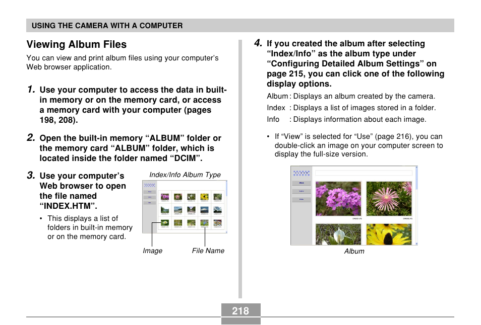 Viewing album files, 218 viewing album files | Casio EX-P600 User Manual | Page 218 / 247