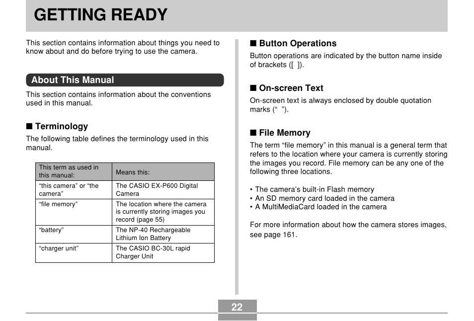 Getting ready, About this manual | Casio EX-P600 User Manual | Page 22 / 247