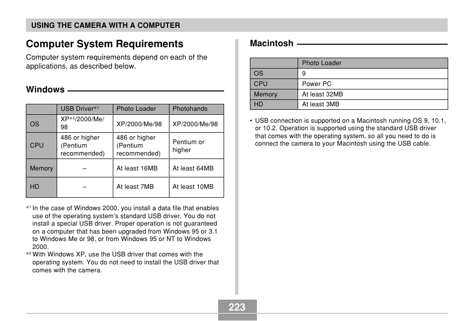 Computer system requirements, Windows, Macintosh | Casio EX-P600 User Manual | Page 223 / 247