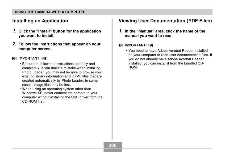 Installing an application, Viewing user documentation (pdf files), 226 installing an application 1 | Viewing user documentation (pdf files) 1 | Casio EX-P600 User Manual | Page 226 / 247