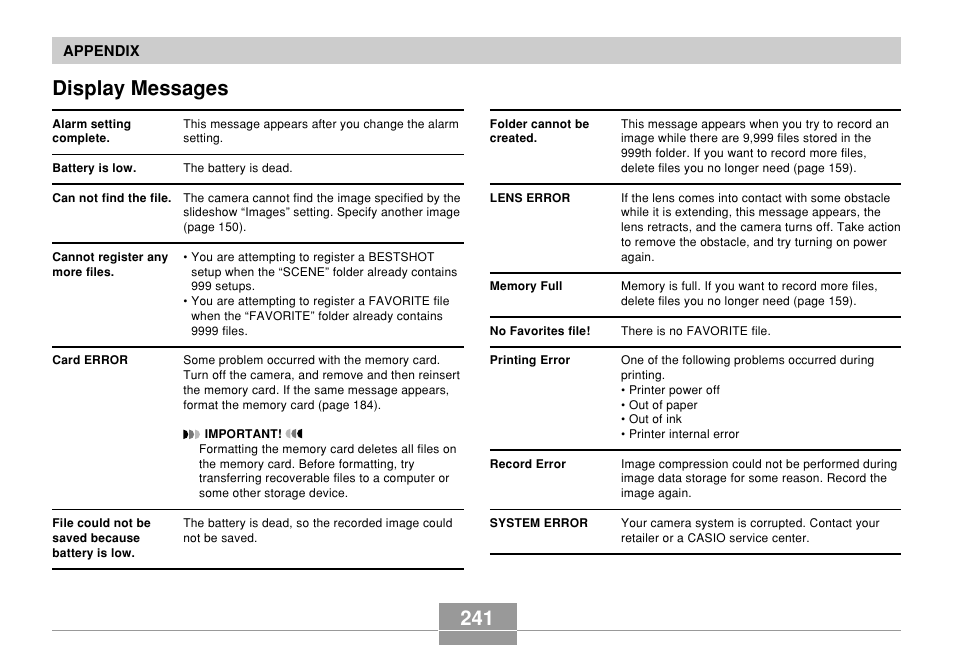 Display messages, 241 display messages | Casio EX-P600 User Manual | Page 241 / 247