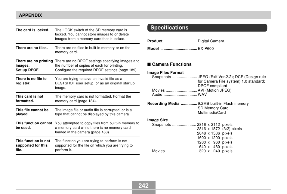 Specifications | Casio EX-P600 User Manual | Page 242 / 247