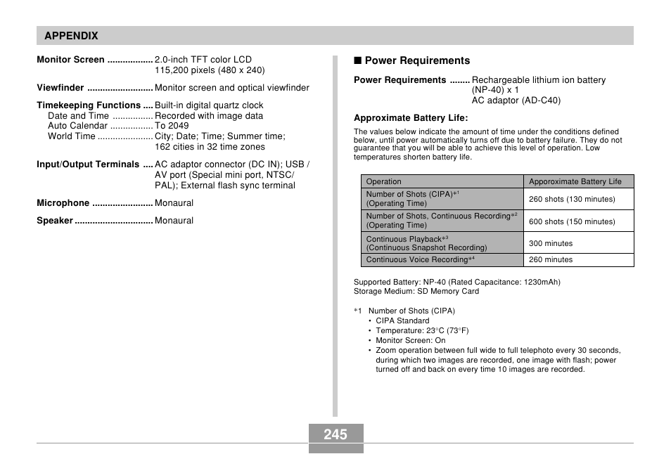 Appendix, Power requirements | Casio EX-P600 User Manual | Page 245 / 247