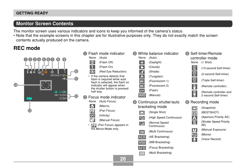 Monitor screen contents, Rec mode | Casio EX-P600 User Manual | Page 26 / 247