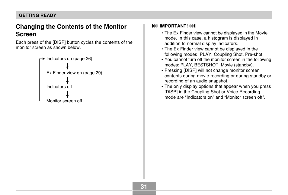 Changing the contents of the monitor screen | Casio EX-P600 User Manual | Page 31 / 247