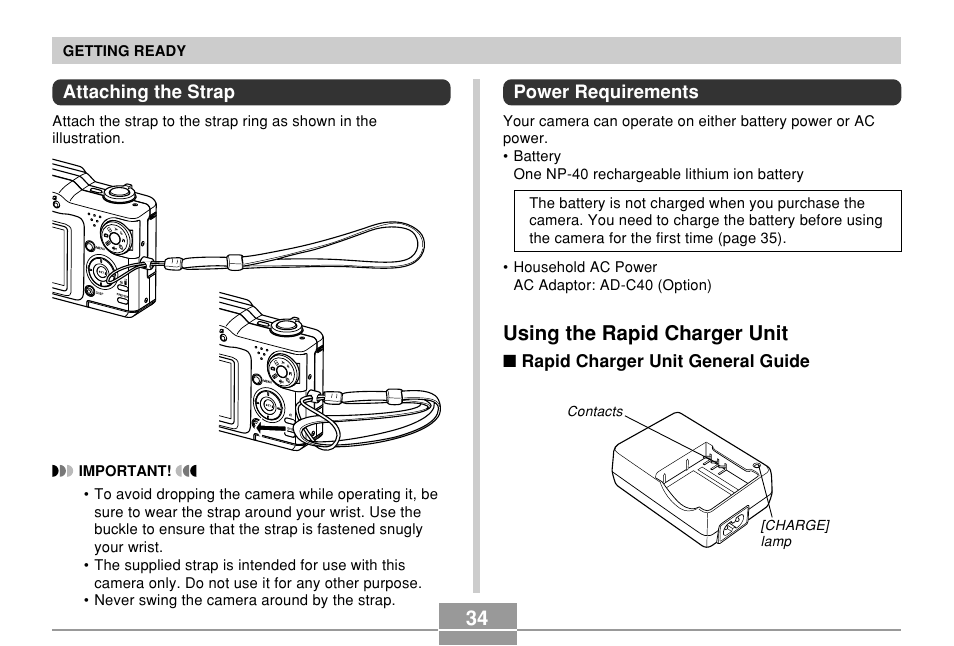 Attaching the strap, Power requirements, Using the rapid charger unit | Casio EX-P600 User Manual | Page 34 / 247