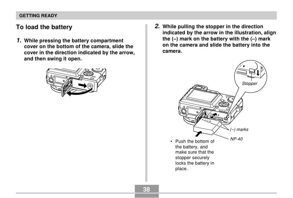To load the battery | Casio EX-P600 User Manual | Page 38 / 247