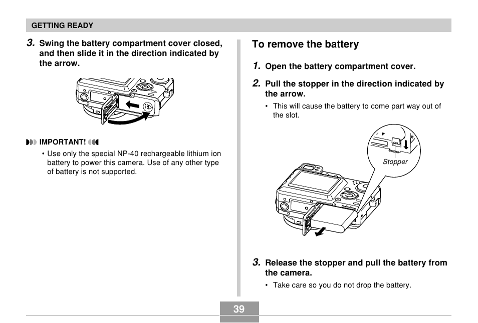 To remove the battery | Casio EX-P600 User Manual | Page 39 / 247