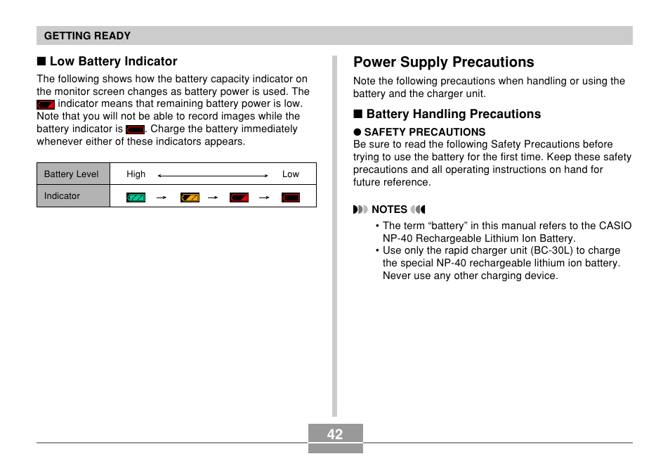 Power supply precautions | Casio EX-P600 User Manual | Page 42 / 247