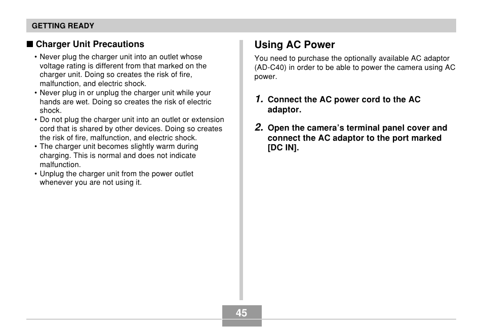 Using ac power | Casio EX-P600 User Manual | Page 45 / 247