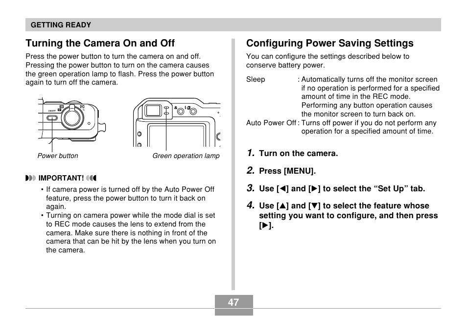 Turning the camera on and off, Configuring power saving settings, 47 turning the camera on and off | Casio EX-P600 User Manual | Page 47 / 247