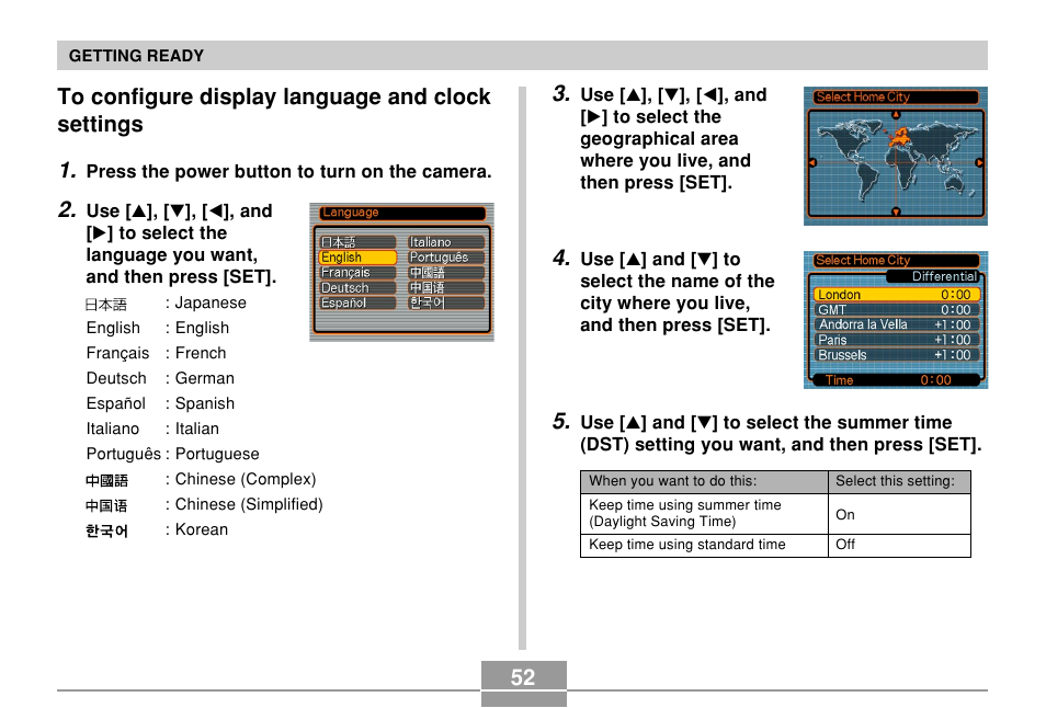 To configure display language and clock settings | Casio EX-P600 User Manual | Page 52 / 247