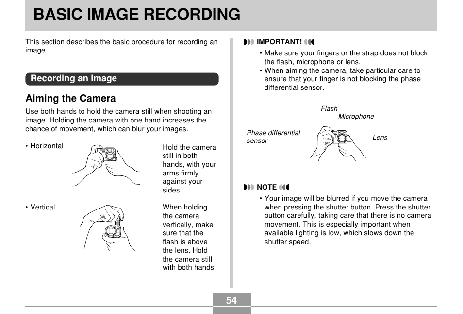 Basic image recording, Recording an image, Aiming the camera | Casio EX-P600 User Manual | Page 54 / 247
