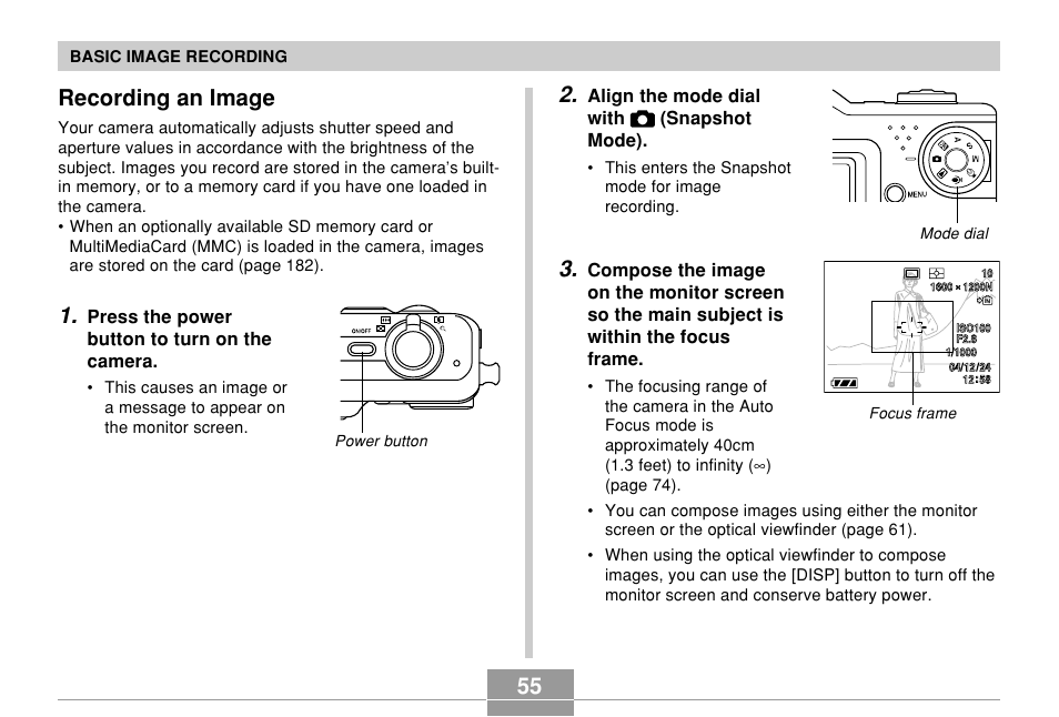 Recording an image, Press the power button to turn on the camera, Align the mode dial with (snapshot mode) | Casio EX-P600 User Manual | Page 55 / 247