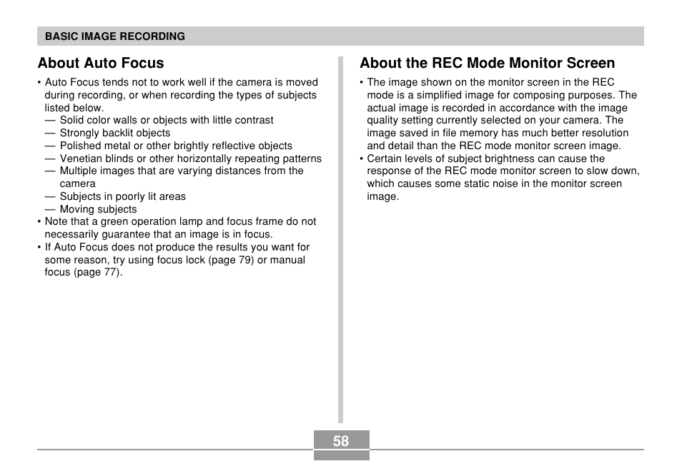 About auto focus, About the rec mode monitor screen | Casio EX-P600 User Manual | Page 58 / 247