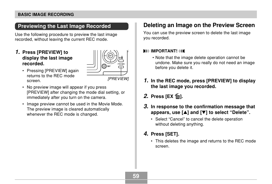 Previewing the last image recorded, Deleting an image on the preview screen | Casio EX-P600 User Manual | Page 59 / 247