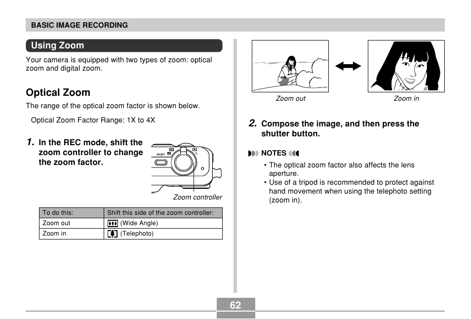 Using zoom, Optical zoom | Casio EX-P600 User Manual | Page 62 / 247