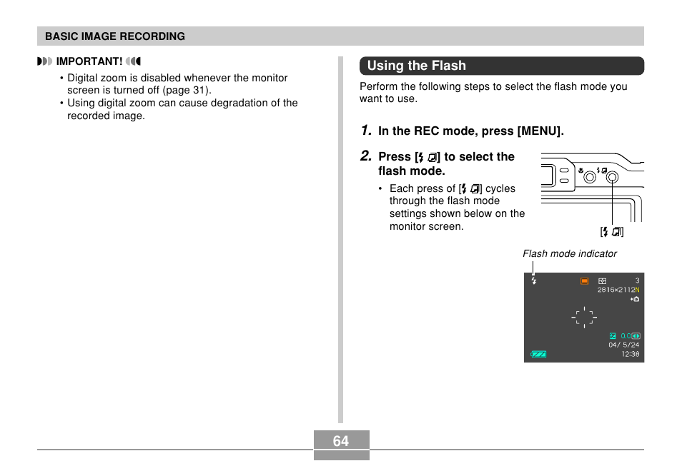 Using the flash | Casio EX-P600 User Manual | Page 64 / 247