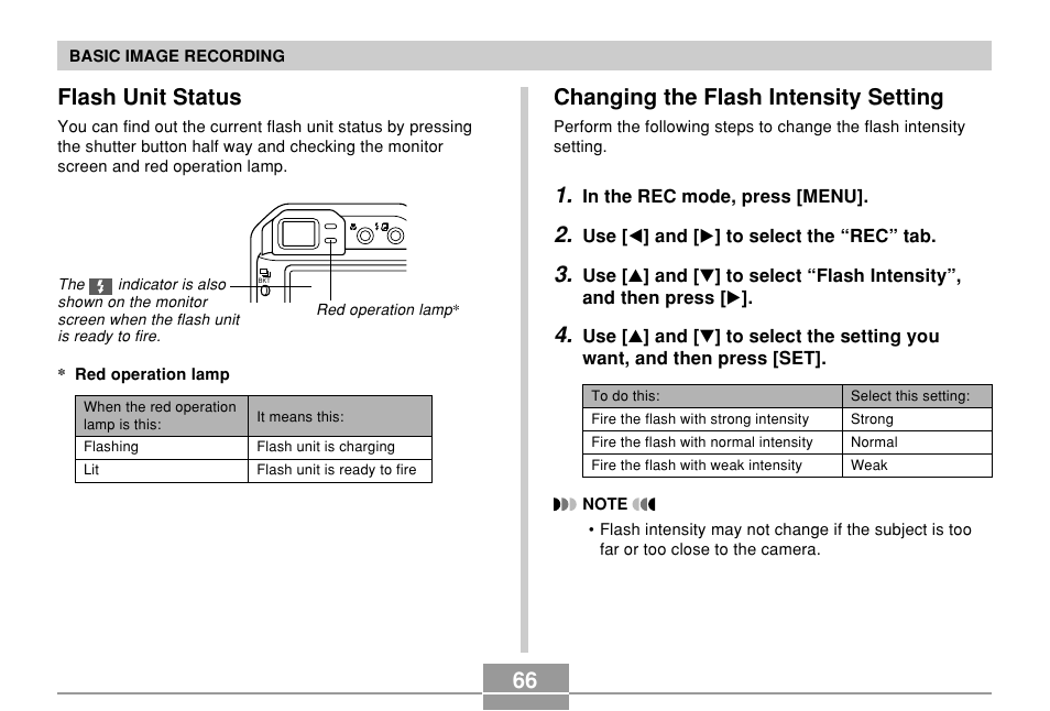 Flash unit status, Changing the flash intensity setting | Casio EX-P600 User Manual | Page 66 / 247