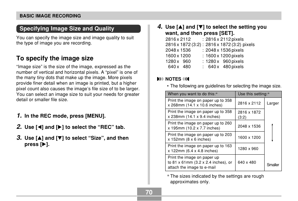 Specifying image size and quality, To specify the image size | Casio EX-P600 User Manual | Page 70 / 247