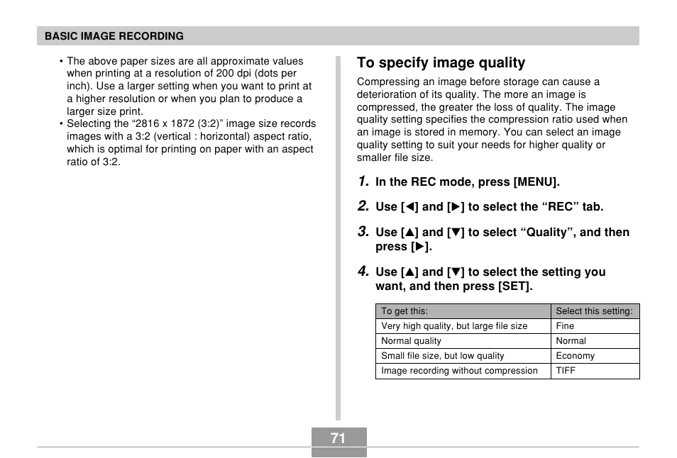 To specify image quality | Casio EX-P600 User Manual | Page 71 / 247