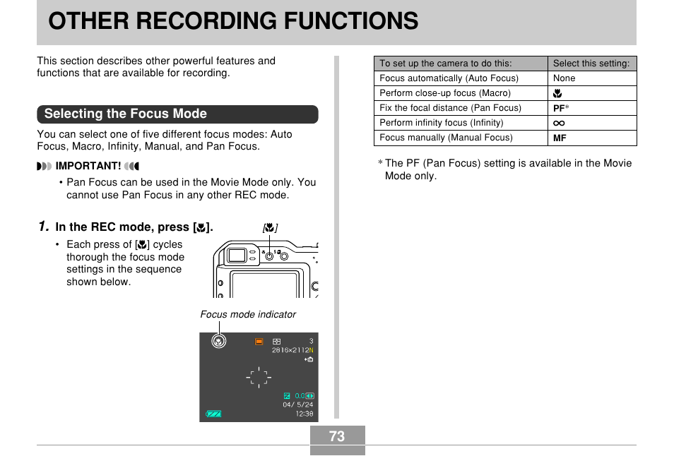 Other recording functions, Selecting the focus mode | Casio EX-P600 User Manual | Page 73 / 247