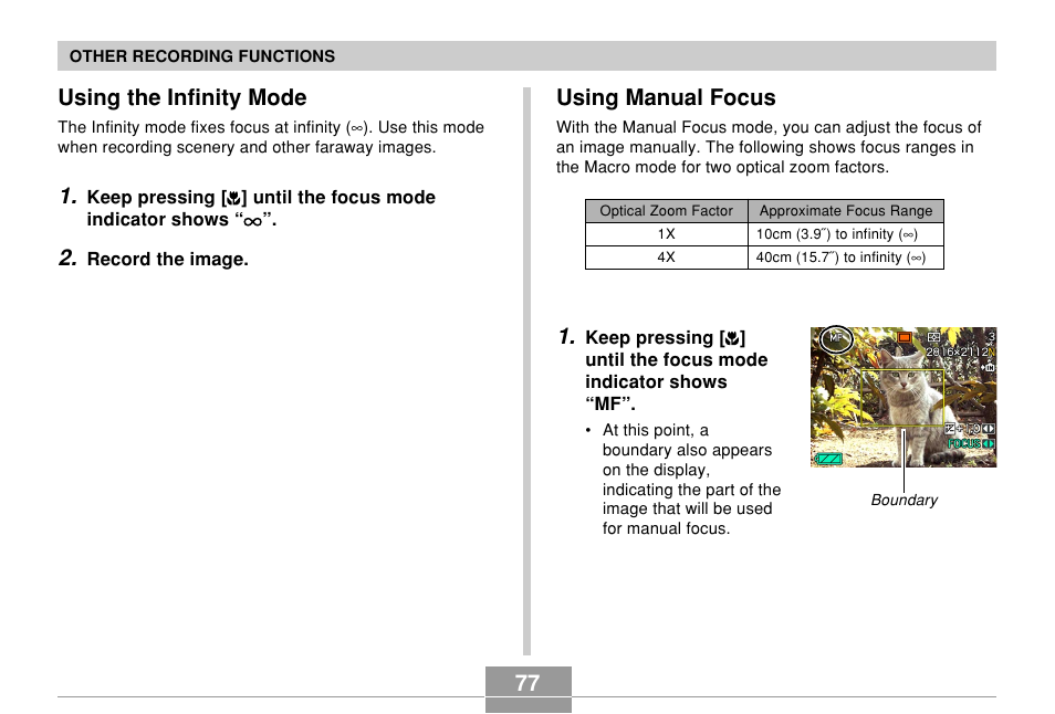 Using the infinity mode, Using manual focus | Casio EX-P600 User Manual | Page 77 / 247