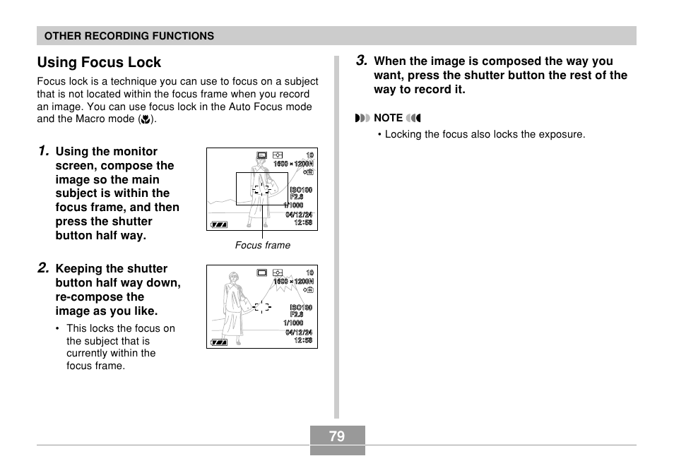 Using focus lock, Other recording functions | Casio EX-P600 User Manual | Page 79 / 247