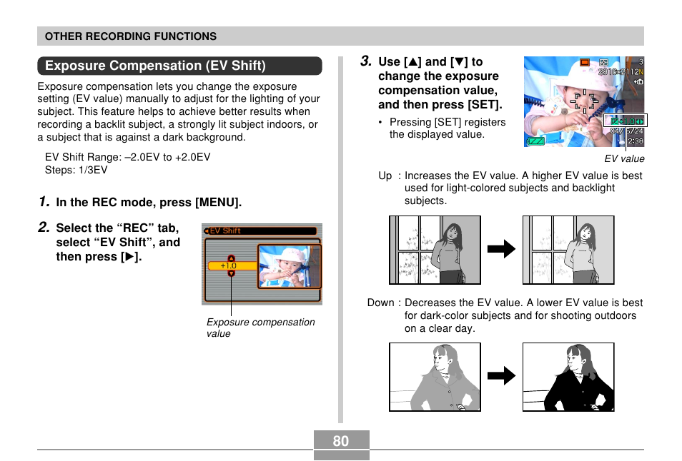 Exposure compensation (ev shift) | Casio EX-P600 User Manual | Page 80 / 247