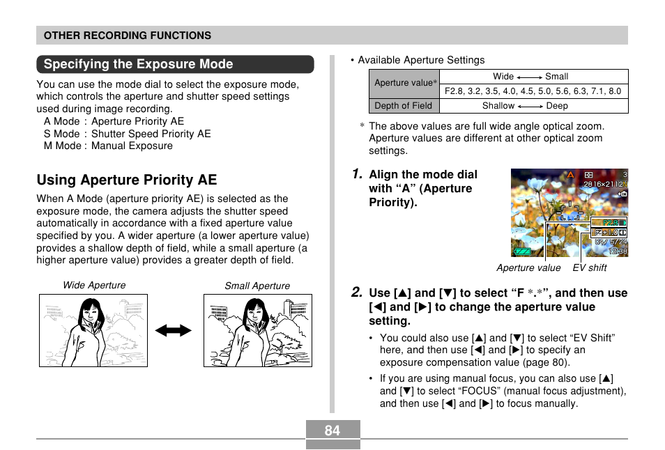 Specifying the exposure mode, Using aperture priority ae | Casio EX-P600 User Manual | Page 84 / 247